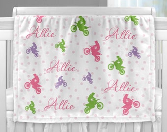 Motocross baby blanket, personalized girl dirt bike blanket, motorcycle baby gift, dirt bike newborn swaddle name blanket,  (CHOOSE COLORS)