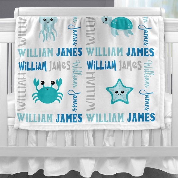 Under the sea baby boy blanket, ocean animals personalized newborn swaddle blanket, starfish, turtle, octopus, girl or boy (CHOOSE COLORS)