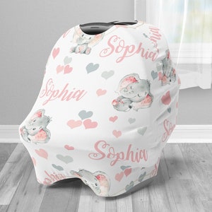 Elephant custom infant car seat cover, baby elephant car seat canopy cover, boy, girl, personalized baby name carseat cover, nursing privacy image 1