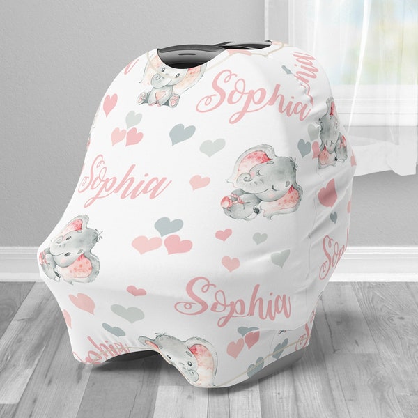 Elephant custom infant car seat cover, baby elephant car seat canopy cover, boy, girl, personalized baby name carseat cover, nursing privacy