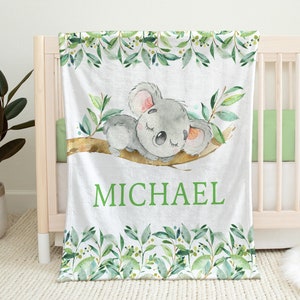 Personalized koala bear baby blanket, newborn animal swaddle blanket with name, boys koala baby gift, (CHOOSE COLORS)