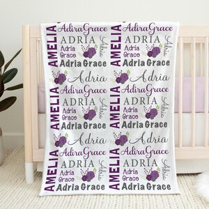 Flower baby blanket, personalized floral newborn name blanket, purple and gray flowers baby gift, girl swaddle blanket