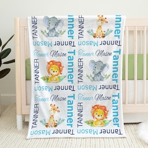 Personalized safari animals baby boy blanket, newborn animal name blanket, lion, elephant, giraffe swaddle infant gift (CHOOSE COLORS)