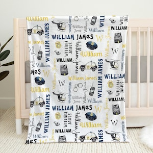 Baby boy police cars name blanket, police man newborn blanket, first responder baby blanket, baby cop personalized baby gift (CHOOSE COLORS)