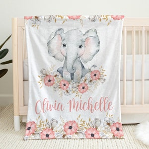 Elephant baby girl blanket, personalized watercolor elephant flower blanket with name, floral newborn baby swaddle, pink elephant baby gift image 1