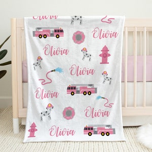 Pink Firetruck Blanket Girl Fire Fighter Personalized Blanket