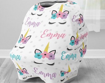 Unicorn infant seat cover, baby unicorn car seat canopy cover, personalized baby name carseat cover, nursing privacy cover