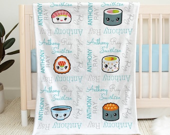 Personalized Sushi Baby Name Blanket: Blue Boy Newborn Swaddle