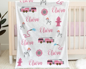 Pink girl fire truck blanket, firefighter personalized blanket, fireman name blanket, firetruck baby gift, personalized swaddle name blanket