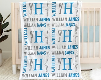 Monogram baby blanket, personalized boy name blanket, newborn baby swaddle with stacked monogram, boy or girl monogrammed gift blanket