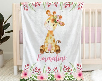 Floral giraffe baby blanket, newborn girl giraffe blanket with name, personalized watercolors floral giraffe gift, (CHOOSE COLORS)