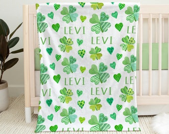 Lucky clover baby blanket, personalized st patricks swaddle blanket, newborn boys shamrock baby gift with name, boy or girls lucky blanket