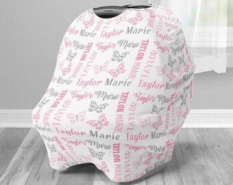 Butterfly baby car seat cover, girl custom butterfly infant seat cover, pink personalized baby name butterfly gift, nursing privacy cover