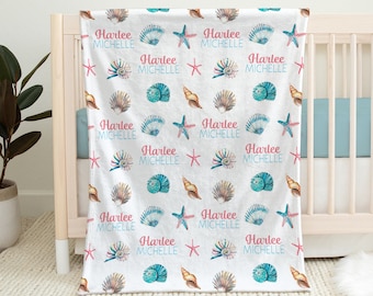 Seashells baby blanket, personalized ocean newborn name gift, sea theme baby gift, sea shells girl gift, seashore swaddle blanket