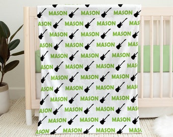 Guitar baby blanket, personalized music guitar blanket with name, electric guitars newborn swaddle, guitar baby gift, (CHOOSE COLORS)
