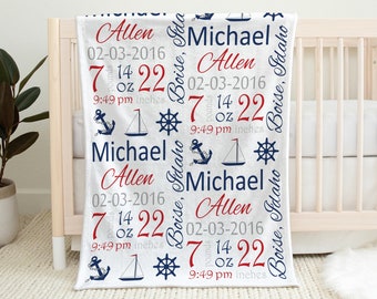 Nautical birth stats blanket, personalized anchors birth info name blanket, boy or girl gift, anchor, sailboat, nautical theme swaddle,