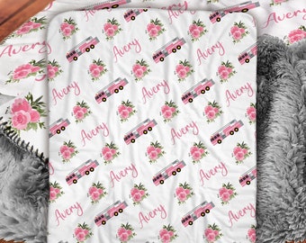 Personalized baby blanket with pink firetrucks, newborn girl name blanket, pink fire truck girl baby gift, toddler, big kids (CHOOSE COLORS)