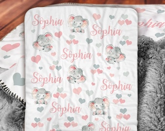 Elephant Sherpa blanket personalized, pink elephant name blanket, gray, white, cream, or tan sherpa, elephant baby gift, hearts, baby girl