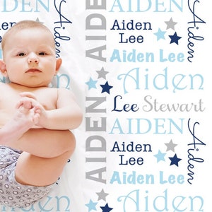 Star Name Blanket in Blue and gray for baby boys, personalized blanket, name blanket, baby blanket, personalized blanket, choose colors image 1