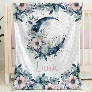 Personalized Moon Flowers Baby Name Blanket Girl Baby Swaddle Gift with Moon and Pink Flowers Baby Shower moon gift