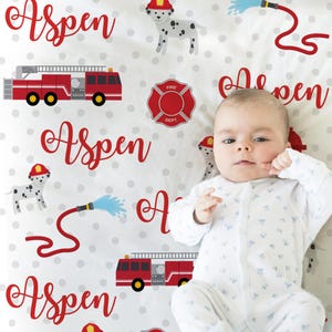 Fireman Baby Blanket Personalized: FireTruck and Dalmatian Dog Newborn First Responder Gift