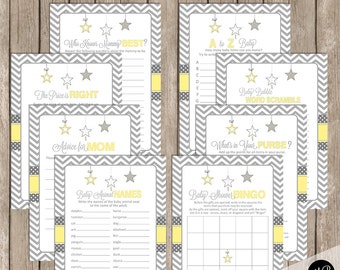 Baby Shower Game Pack - Yellow and Gray- Twinkle Little Star- Baby Shower Activity Set- Bingo- A to Z Baby- Price is Right  Star-Y