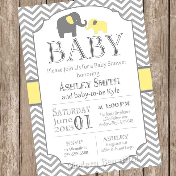 Yellow and Gray Elephant baby shower invitation, girl baby shower