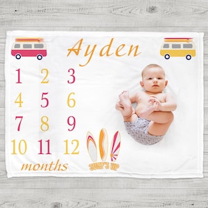 Surfer monthly milestone blanket, surfing baby gift surf board beach baby blanket, baby growth blanket (Chose colors)