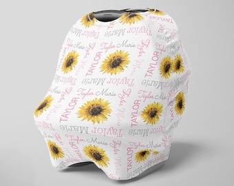 Sunflower car seat canopy cover, girl custom sunflower baby seat cover, personalized newborn name carseat cover, floral nursing cover