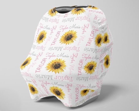 Sunflower car seat canopy cover, girl custom sunflower infant seat cover, personalized baby name carseat cover, floral nursing privacy cover Il_570xn