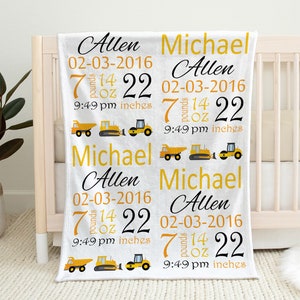 Personalized construction birth stats baby blanket, newborn dump truck gift with birth info and name, work trucks boys gift (CHOOSE COLORS)