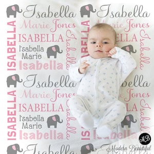 Elephant Baby Blanket Pink, Personalized Infant Name Gift for Child or Toddler