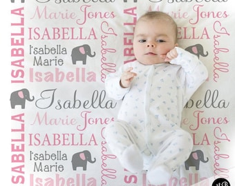 Elephant Baby Blanket Pink, Personalized Infant Name Gift for Child or Toddler