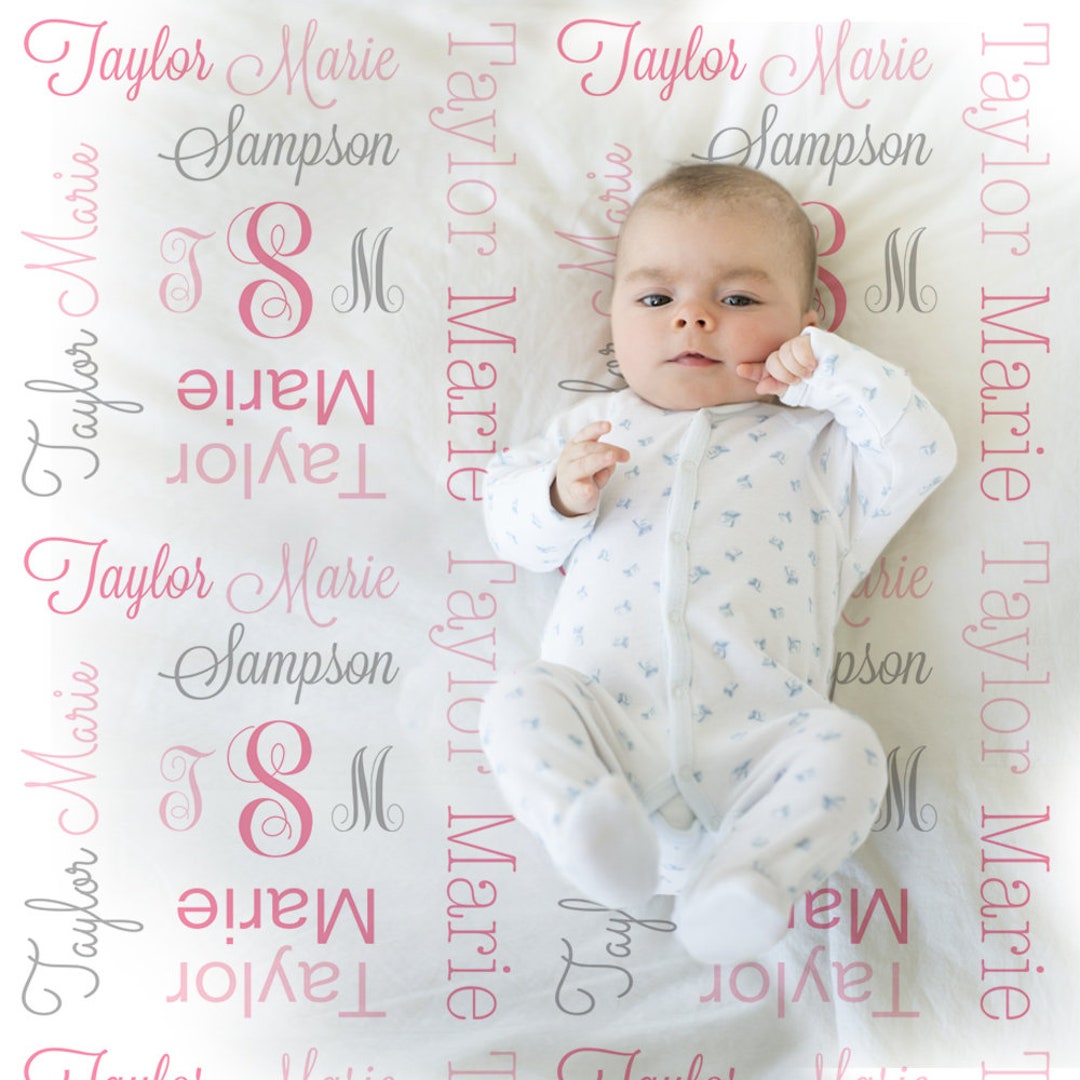 Baby Girl Monogram Name Blanket, Pink and Gray Receiving Swaddling