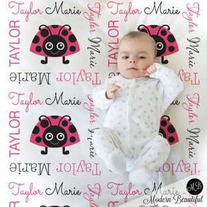Ladybug personalized baby blanket with name, newborn pink and black ladybug swaddle, newborn girls ladybug baby gift