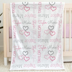 Hearts baby girl blanket, personalized swaddle blanket with hearts, pink and gray sweetheart blanket, newborn baby heart gift with name