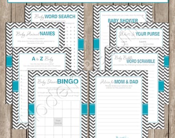 Baby Shower Game Pack - Baby Shower Games - Chevron- Teal- Aqua- Turquoise- Grey- Gray bbq1 A to Z Baby, Baby Animal Names - INSTANT