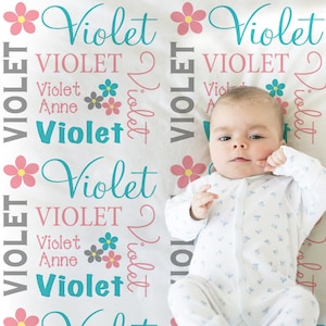 Flower baby girl name blanket, personalized floral swaddle blanket, salmon and aqua newborn baby blanket, baby girl gift with flowers