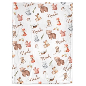 Personalized woodland animals baby blanket, baby boy forest name blanket, newborn animals personalized baby gift, bear swaddle blanket