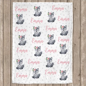 Girl Wolf Baby Blanket: Personalized Name Blanket Pink Flower image 2
