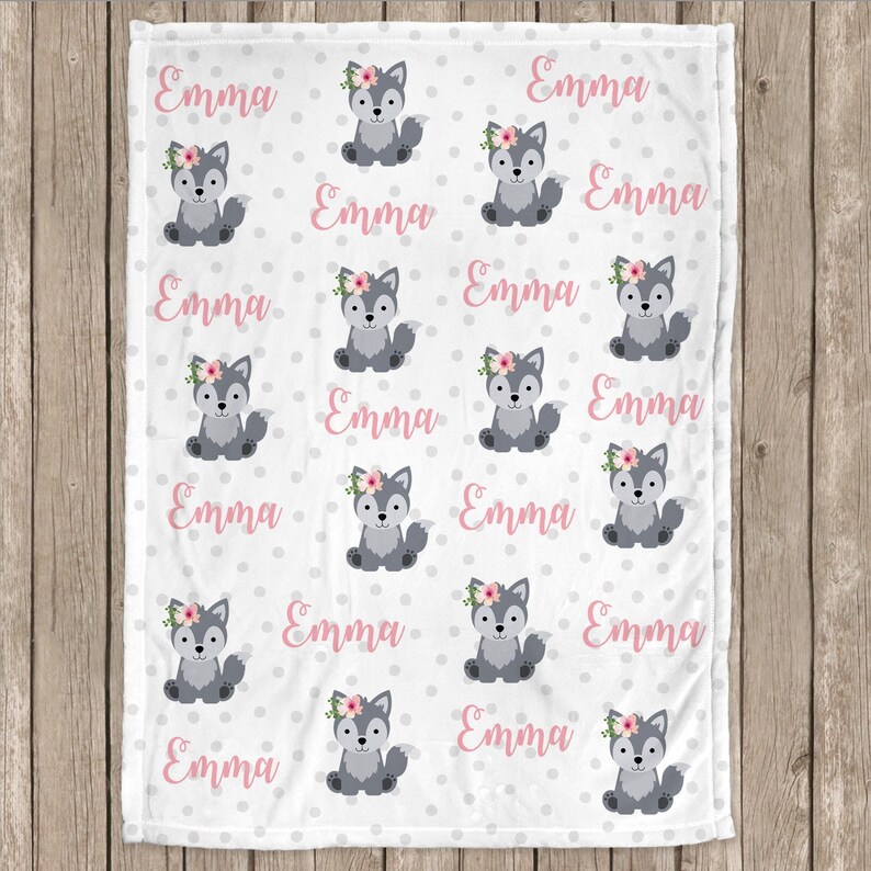 Girl Wolf Baby Blanket: Personalized Name Blanket Pink Flower image 2