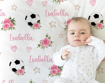 Pink soccer baby name blanket, girl pink flowers personalized blanket, newborn sports soccer baby gift, soccer girly girls swaddle blanket