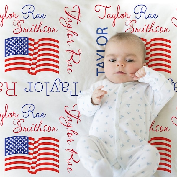 American flag baby blanket, personalized freedom name blanket, red, white and blue, 4th of July flag baby gift, toddler or big kids sizes