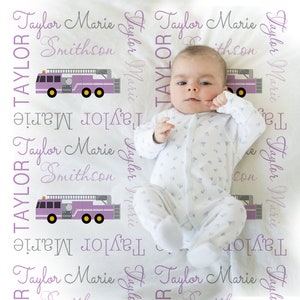 Baby girl firetruck blanket, firefighter personalized blanket, fireman name blanket, firetruck baby gift, personalized blanket, choose color image 1