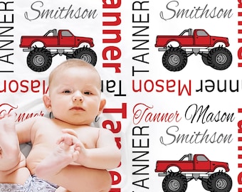 Monster truck baby blanket personalized truck gift for baby name blanket red and black big monster truck baby boys gift newborn swaddle