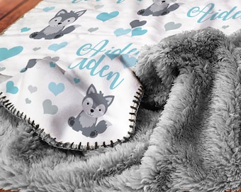 Manta personalizada con nombre de bebé lobo, regalo para bebé con corazones y lobos, manta de lobo sherpa para recién nacido, sherpa gris, blanca o marrón (ELIGE COLORES)
