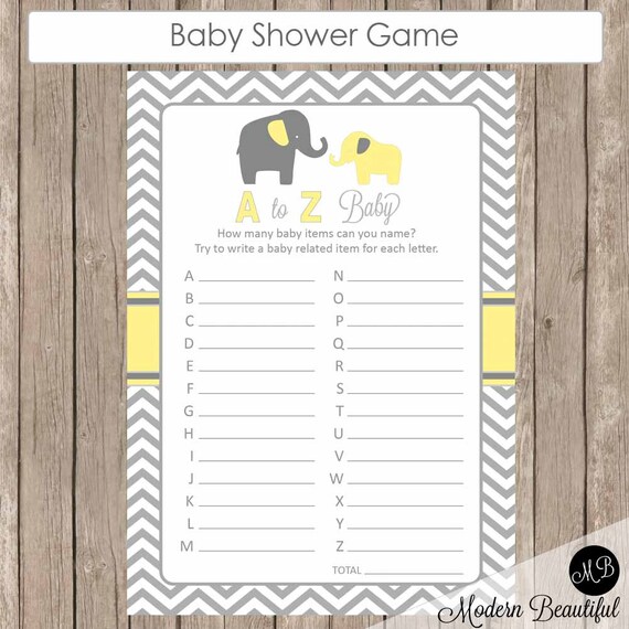 Items Similar To Yellow And Gray A Z Baby Shower Game Elephant Baby Items Similar To Yellow And Gray A Z Baby Shower Game Elephant Baby