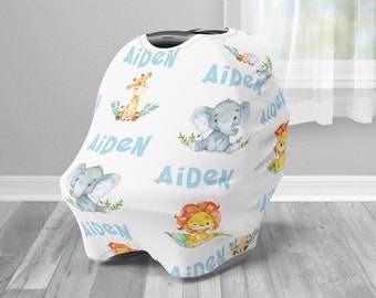 Baby safari car seat canopy cover, safari newborn infant car seat cover, boy or girl, personalized baby name carseat cover, nursing privacy