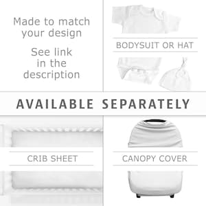 The image is a collage of four separate images, each depicting a different type of baby-related item: a white onesie, a white hat, a white crib sheet, and a white canopy cover.