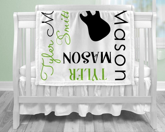Baby boy guitar name blanket, guitar baby blanket, boy or girl, personalized baby gift, custom name blanket, music guitar baby gift Il_570xn